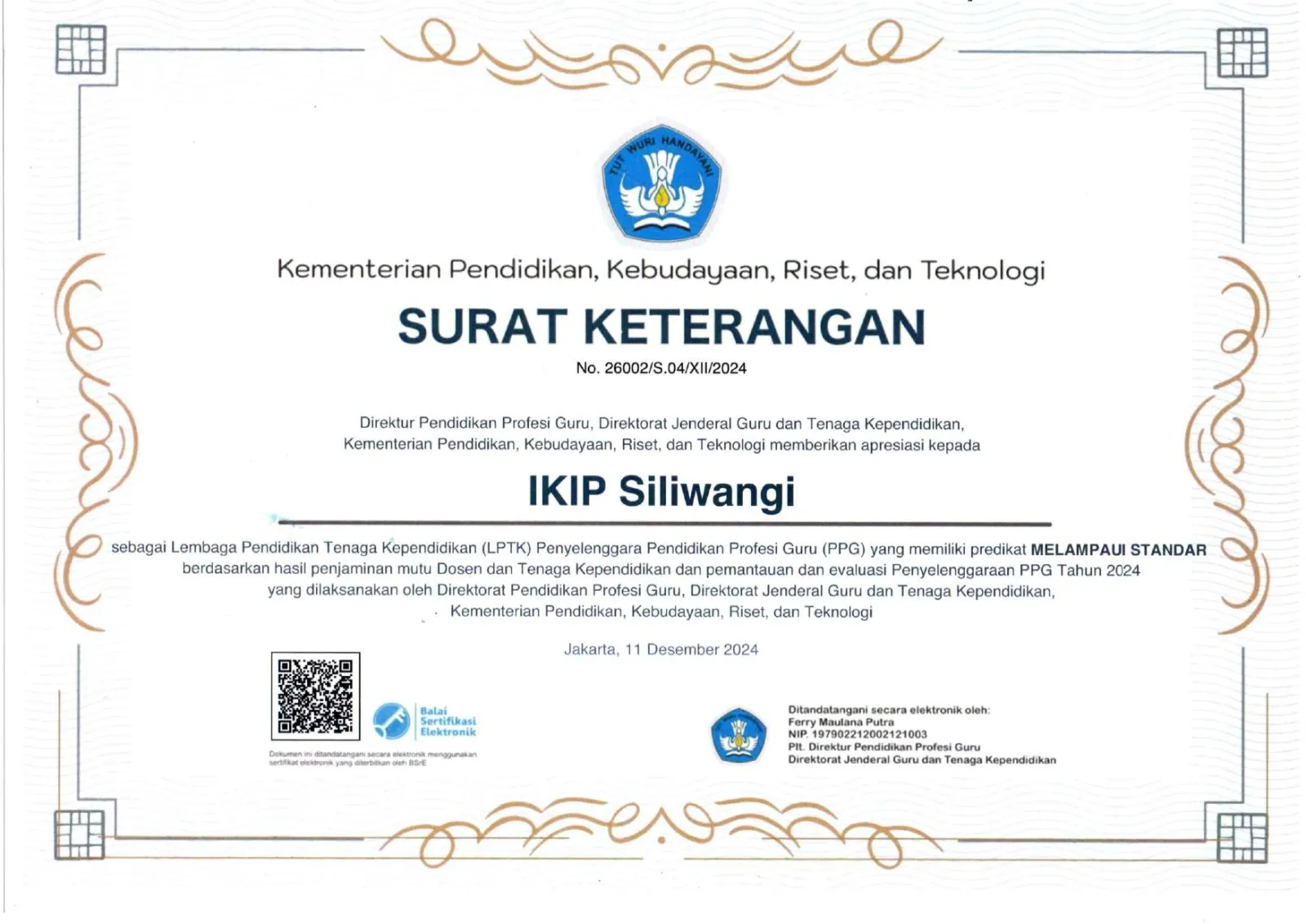 PPG IKIP Siliwangi Raih Predikat Keempat sebagai LPTK Penyelenggara PPG Terbaik se-Indonesia Tahun 2024