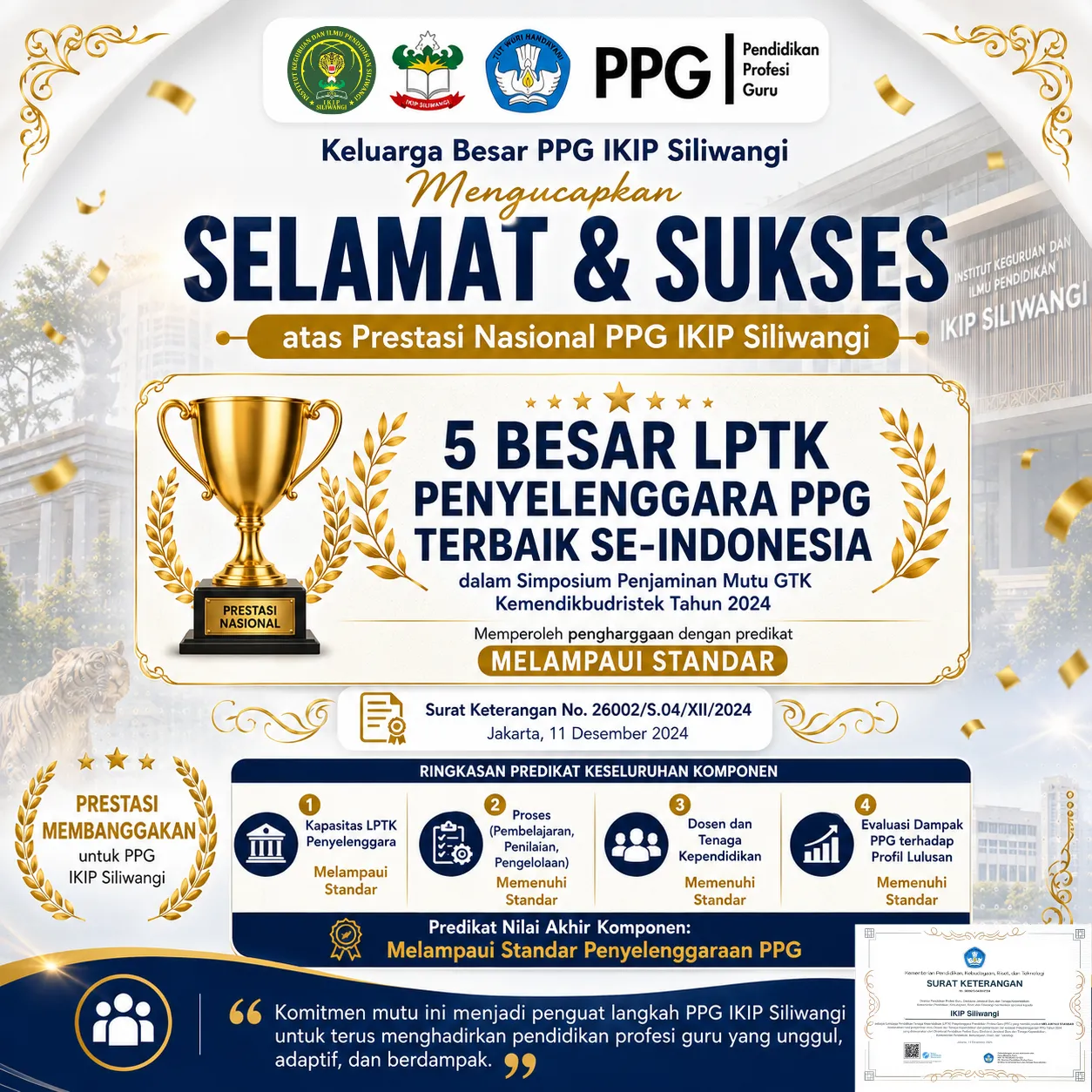PPG IKIP Siliwangi Raih Predikat Keempat sebagai LPTK Penyelenggara PPG Terbaik se-Indonesia Tahun 2024