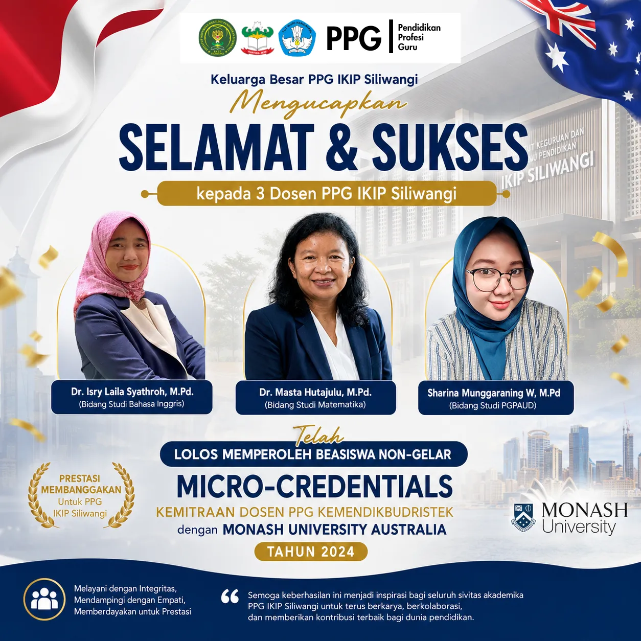 Tiga Dosen PPG IKIP Siliwangi Lolos Beasiswa Non-Gelar Micro-Credentials Bidang Numerasi Kemitraan Dosen PPG Kemendikbudristek dengan Monash University Australia Tahun 2024